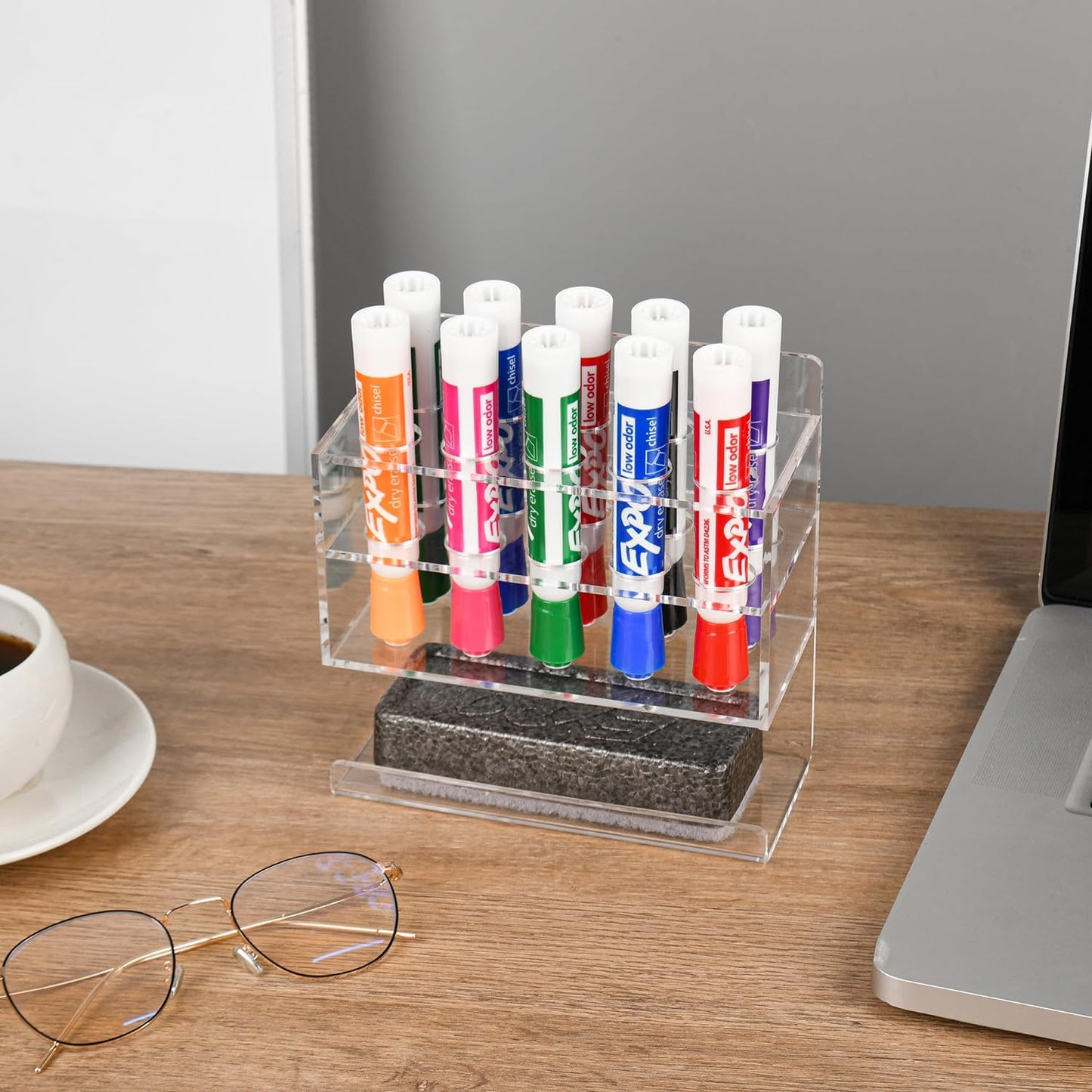 Dry Erase Marker Holder, 2 PCS Wall Mounted Acrylic Marker Holder with 10 Slots, Sticky Pen Storage for Classroom Organization, Whiteboard, Office, Clear