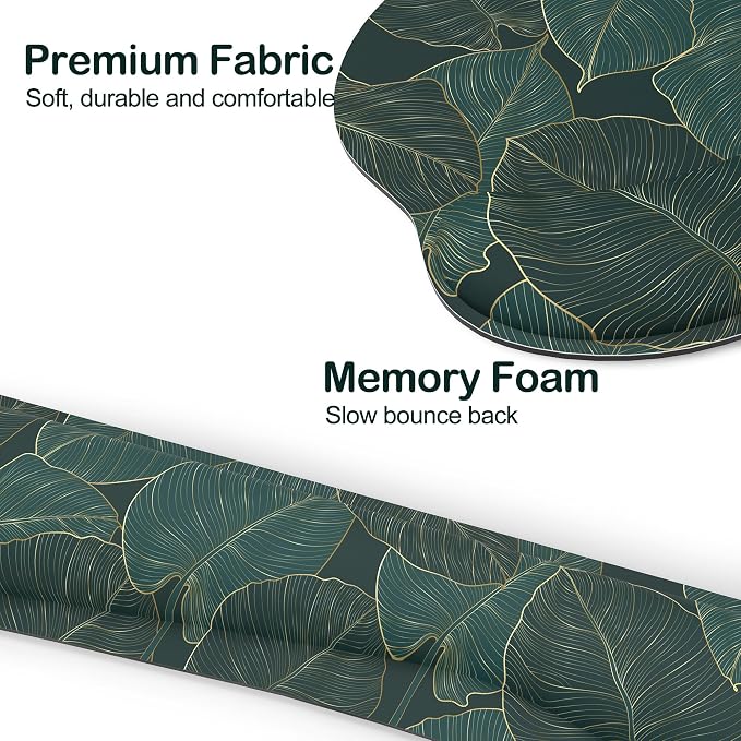 Ergonomic Mouse Pad with Wrist Rest and Keyboard Wrist Rest, Mousepad | Memory Foam Wrist Rest for Computer Keyboard, Pain Relief, Non-Slip Base, Mouse Pad Wrist Support for Gaming, Green Palm Leaf