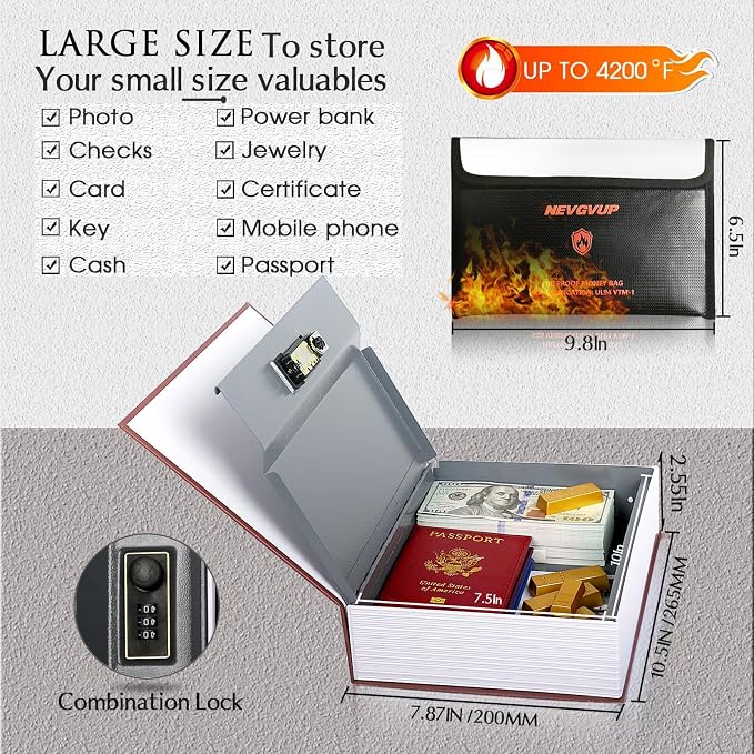 Diversion Book Safe with 4200°F Fireproof Money Bag and Combination Lock, 10.5" x 7.9" x 2.5" Fake Book Hidden Storage Safe, Hollow Secret Portable Metal Storage Box for Cash, Valuables - Easter Bible