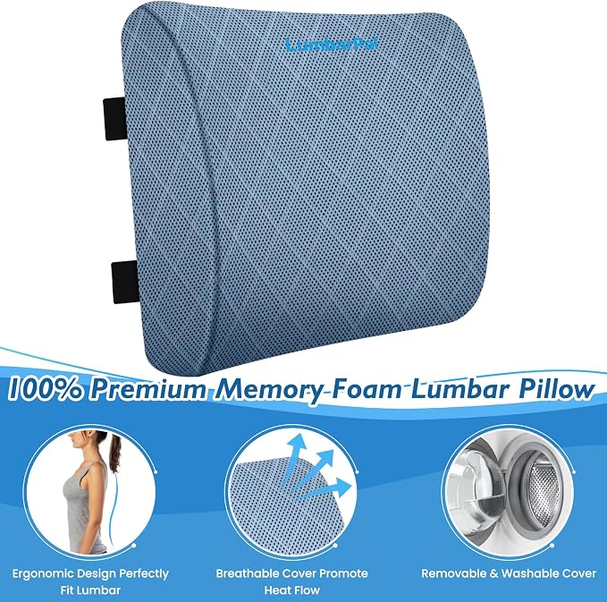 Lumbar Support Pillow for Office Chair, Back Support, Memory Foam, Light Blue