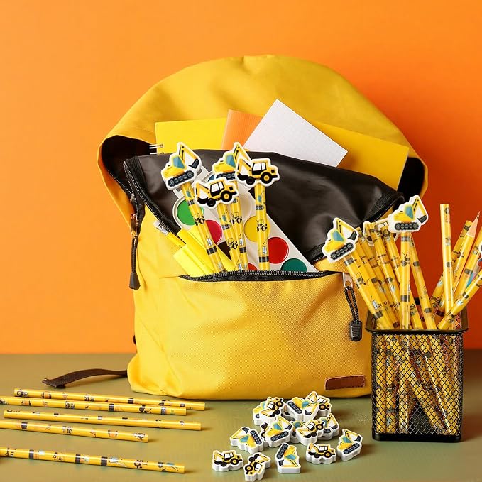 32 Pcs Construction Pencil with Eraser Excavator Truck Construction Party Favors Stationery Supplies for School Classroom Exchange Gift Reward Prizes Theme Birthday Party Supplies