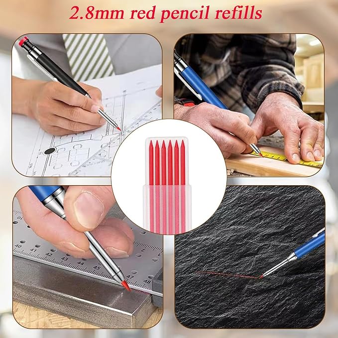 TuTuYa 36Pcs 2.8mm Pencil Refill Red, with 1 Carpenter Pencil w/Sharpener | Waterproof Lead Refills Replacement, Long Reach/Deep Hole/Long Nose for Architect &Carpenter Woodwork Construction Building