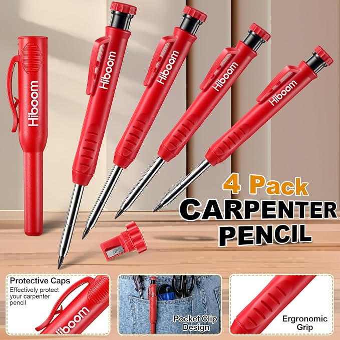 Hiboom 4 Pack Carpenter Pencil with 36 Refills Built In Sharpener (Red) | Concrete Wood Metal, Deep Marking, Multi-Color Refills, 2.8mm Lead, Construction Work, Waterproof, Carpenter Builder DIY
