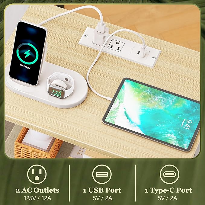 SUPERJARE Nightstand with Charging Station, USB-C Port, Bedside Table | Night Stand for Bedroom, with Adjustable Fabric Drawer, 3-Tier Storage End Table, for Living Room, White Maple