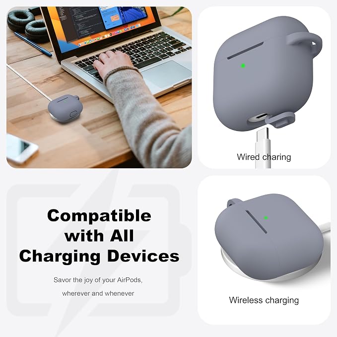 R-fun Compatible with AirPods 3 Case Cover, Silicone Protective Accessories Skin with Keychain Compatible with Apple AirPod 3rd Generation 2021 for Women Men Girls Boys,Front LED Visible,Dark Grey