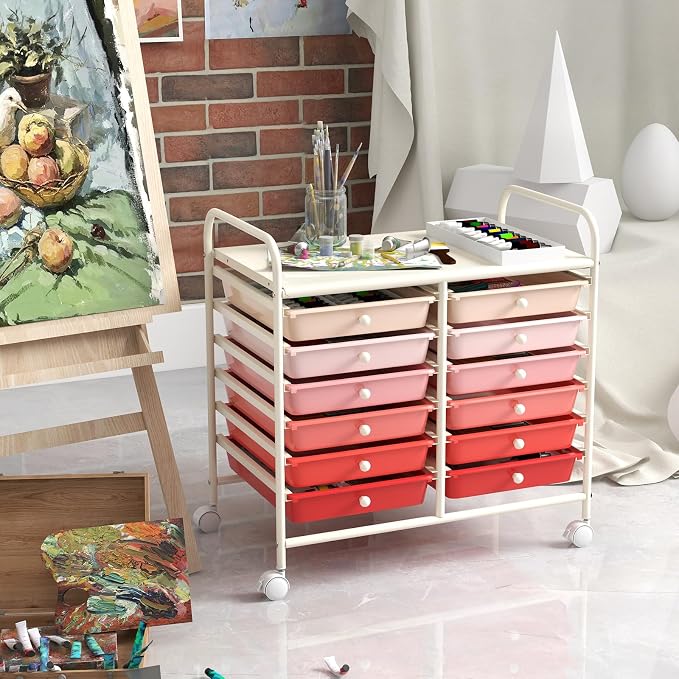 COSTWAY 12-Drawer Rolling Storage Cart, Utility Storage Organizer Cart | For Tools, Scrapbook, Paper, Craft, Multipurpose Art Supply Organizer on Wheels for Home Office School, Teacher, Mixed Pink