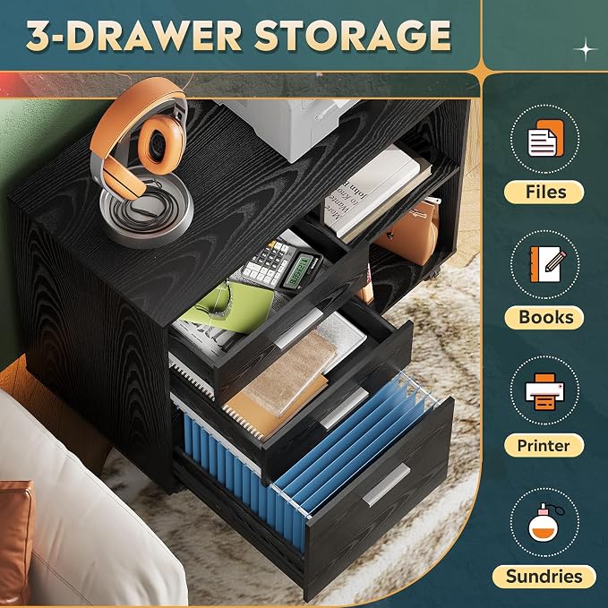 DEVAISE Wood File Cabinet, 3 Drawer Lateral Filing Cabinet Black | Mobile Office Cabinet, Printer Stand, Open Storage Shelves, Letter & A4 Compatible, Home Office