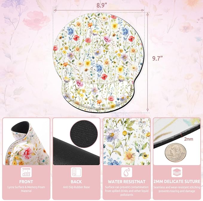 KONVINIT Ergonomic Mouse Pad with Wrist Rest, Small Mousepad with Non-Slip Rubber Base and Smooth Surface, Floral Mouse Pads for Desk, Office Desk Accessories