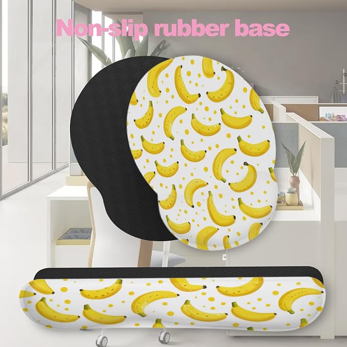 Cute Banana Mouse Pad with Wrist Rest Set, 3-in-1 Wrist Support Mousepad Set, Gaming Mat Pad with Anti-Skid Base,Ergonomic Memory Foam Mouse Pad Set for Women, Office, Typing, Gaming