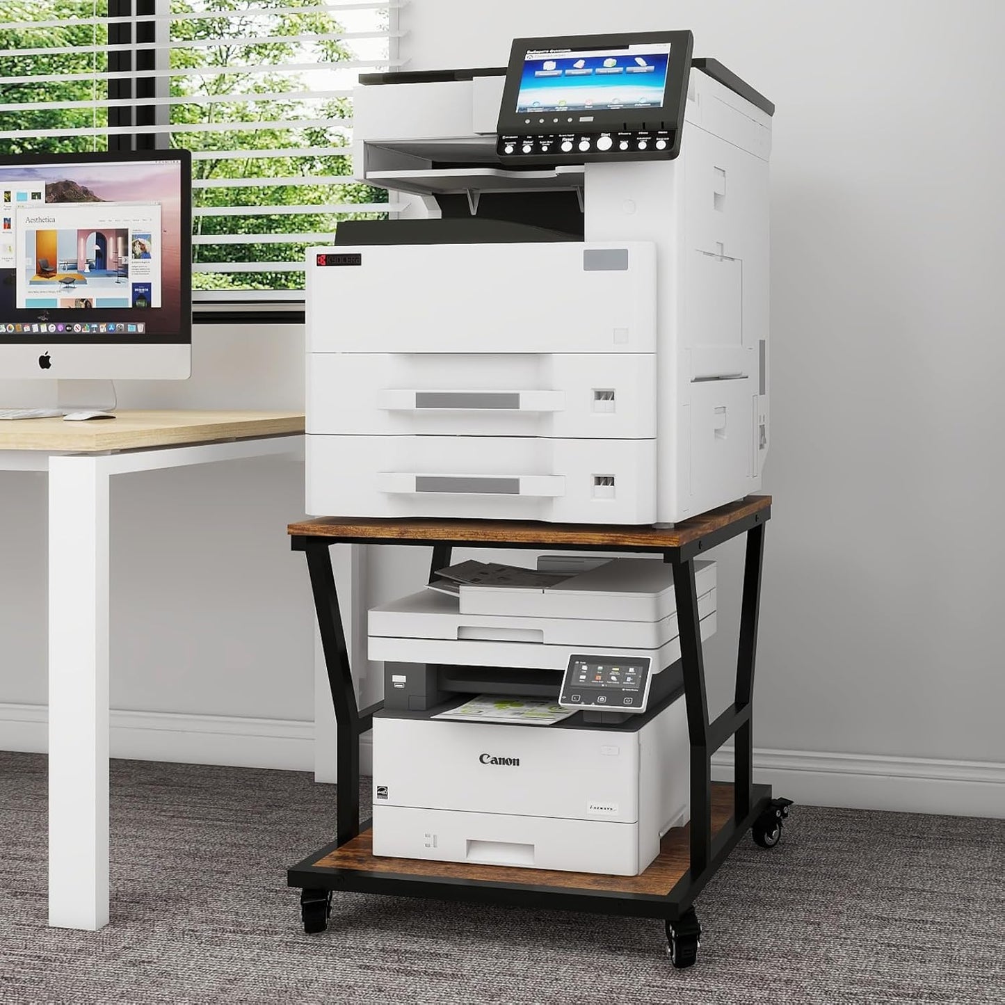 Natwind 2-Tier Large Printer Stand,23.6"x23.6"x29.5" Heavy-Duty Printer Table Cart with Paper Storage Shelf & Wheels,Ideal for Home Office Laser Printers, Copiers (Retro)