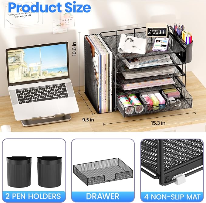 Desk Organizer, 5-Tier Desktop File Organizer with Drawer and Pen Holders, Office Desk Accessories, File Sorters, Workspace Organizers for Office Supplies(Black)