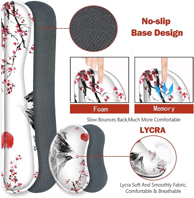 ToLuLu Extended Gaming Mouse Pad, Memory Foam Ergonomic Keyboard Mouse Wrist Rest Support Set, Large Desk Mat with Stitched Edges, Non-Slip Base Mousepad for Home Office Game, Cherry Blossom Sakura