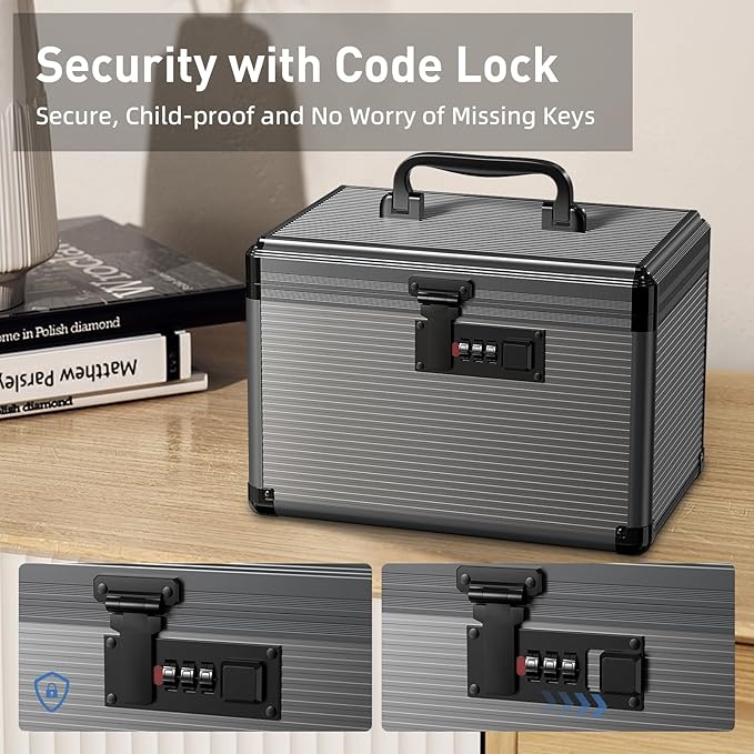 Lockbako Medicine Lock Box with Code, Locking Medicine Box with Removable Tray & Pocket Bag, Portable First Aid Box for Home, 12 * 7.7 * 7.9 Inch (Black)