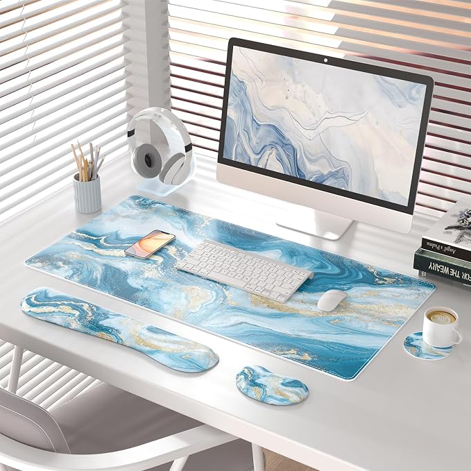 QIYI PU Leather Desk Mat Set, 4-in-1 Ergonomic Wrist Rest, Blue Fluid Art | Waterproof Large Mouse Pad 31.5×15.7 + Keyboard Wrist Rest + Mouse Wrist Support+Coaster, Non-Slip Office Gaming Accessories