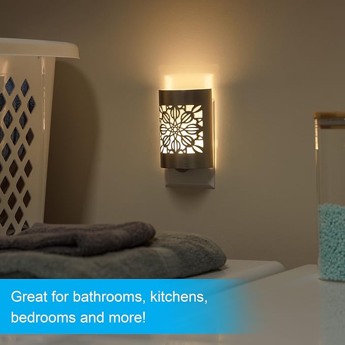 GE CoverLite LED Night Lights Plug into Wall 2-Pack, Plug in Night Light, Dusk to Dawn, Warm White, Auto-On/Off, for Adults Kids Room Bedroom Bathroom Hallway Kitchen 87942 Brushed Nickel | Floral
