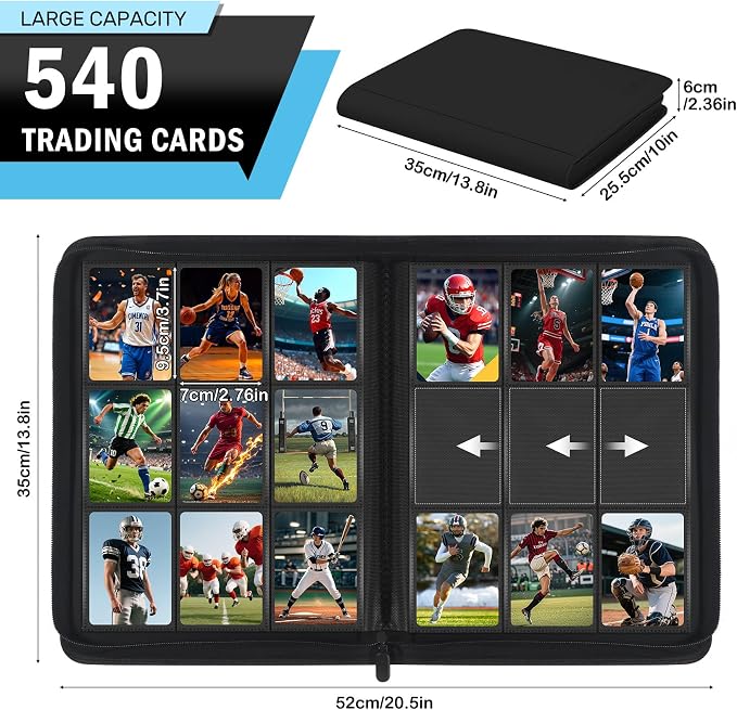 Trading Card Binder 9 Pocket, Zofly Zipper Card Collection Binder Album, Sturdy 540 Side-Loading Card Folder Holder for MTG, TCG, Sports Cards, Game Cards, Black