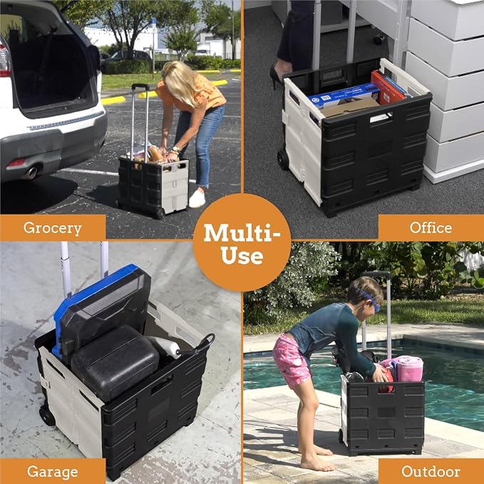 Ultra-Slim Rolling Collapsible Storage Pack-N-Roll Utility-carts, with Telescopic Handle, for Home, Garden, Shopping, Office, School use, Medium, White & Black