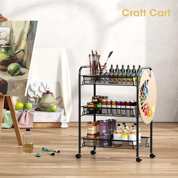 TOOLF 3 Tier Rolling Cart, Metal Utility Storage Cart with Wheels, Black | 3 Hooks, Screwless Assembly, Trolley Organizer for Bathroom, Kitchen, Office, Nursery, Dorm, Laundry Room
