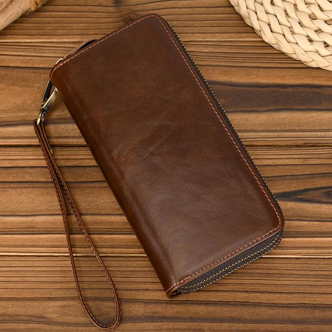Genuine Leather Long Wallet for Men, Large Capacity Purse Clutch Bag Handbag Checkbook Cash Credit Cards Phone Holder | Large Capacity