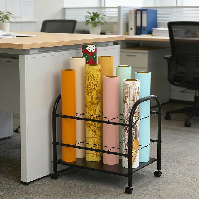 Blueprint Storage Holder with Wheels – 12-Slot Metal Roll File Rack with Silent Casters & Brakes for Blueprints, Wrapping Paper, Posters, Maps – Mobile File Cart for Office & Home (Black)