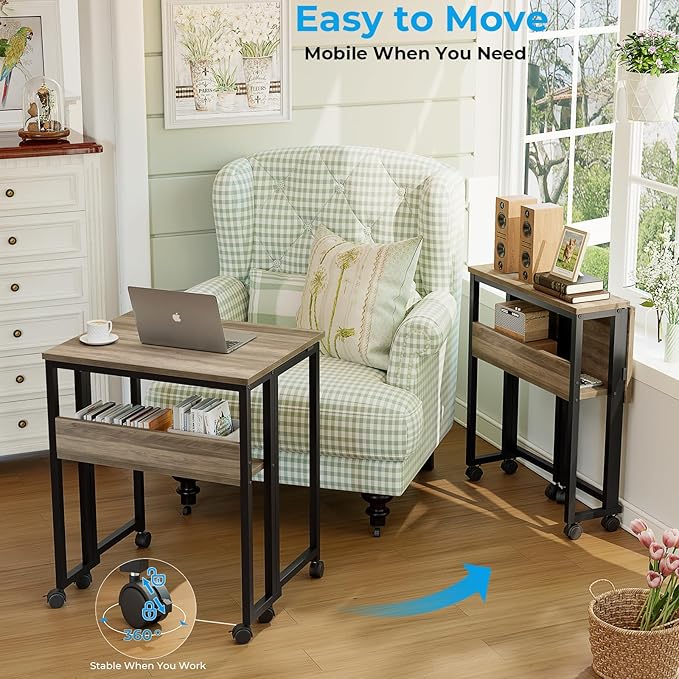GreenForest Folding Desk with Wheels, 24.8" Rolling Table for Small Spaces | Storage Shelf, Lockable Casters, Compact Portable Workstation, Space-Saving Foldable Sofa Table, Home Office, Mobile, Grey