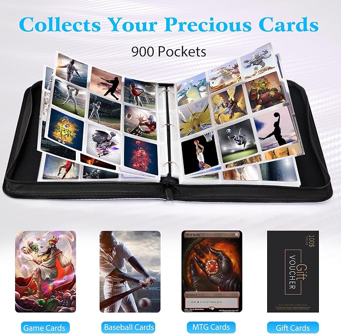 WOT I Trading Card Binder, 900 Pockets Baseball Card Binder Sleeves with Zipper, Double Sided Pockets Card Holder Carry Card Case for Baseball Card, Football Card(Silvery White), WO-CB-9-10