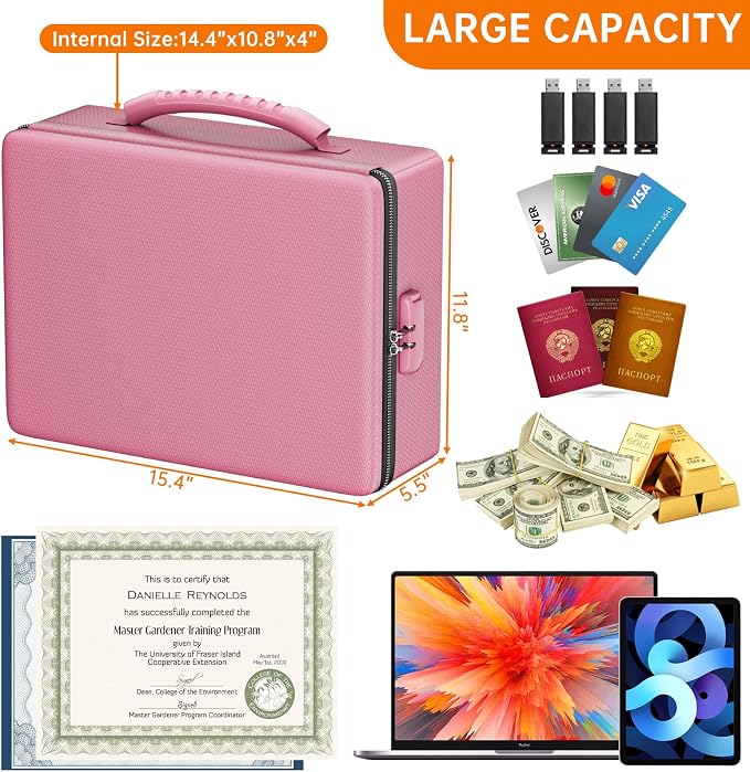 ENGPOW Fireproof Document Box, Hard Case File Box with Fireproof Zipper＆Lock, 6400°F Heat Insulated Fire and Water Resistant File Organizer Storage Safe for Important Documents Laptop Cash, Pink
