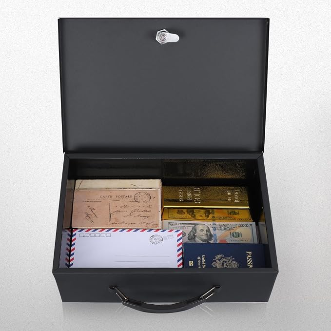 xydled Fireproof Document Box with Key Lock, Fire Safe Box, Black | Fire and water resistant lock box for documents, passports, cash and valuables, keeping secure at home, 13.2 x 11 x 4 Inch