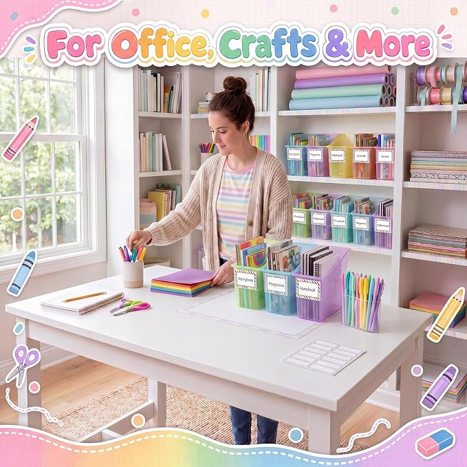 Blosssound 24 Set Book Bins for Classroom Stackable,Translucent Pastel | Plastic Baskets with Labels, Slanted Front, Library Supplies Organizers, Desktop Storage Bins, Teachers Home School Use