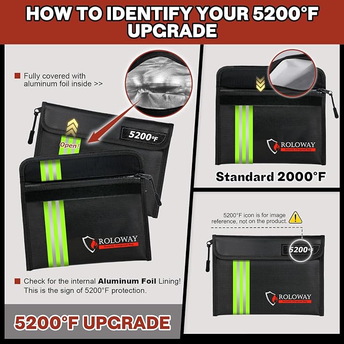 Fireproof Bag (9.6 x 6.6 inches) 5200℉ Heat Insulated with Reflective Strip, Fireproof Money Bag with Zipper for Cash (2-Pack Black)
