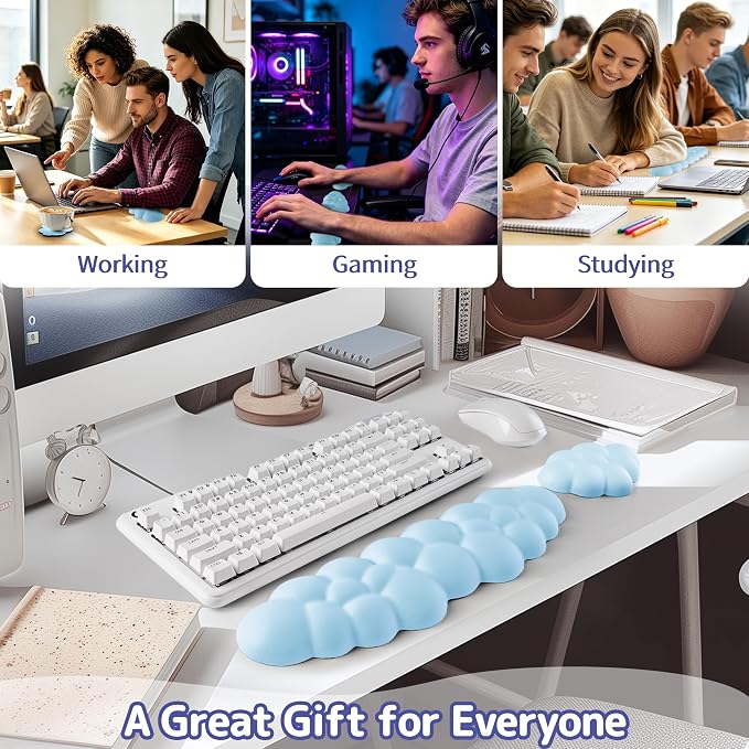 Cloud Wrist Rest Keyboard, Cloud Keyboard Wrist Pad Set with PU Leather Memory Foam, Cute Arm Rest for Palm Support, PC/Gaming Desk Accessories/Office Setup/Computer Hand Cushion - Blue