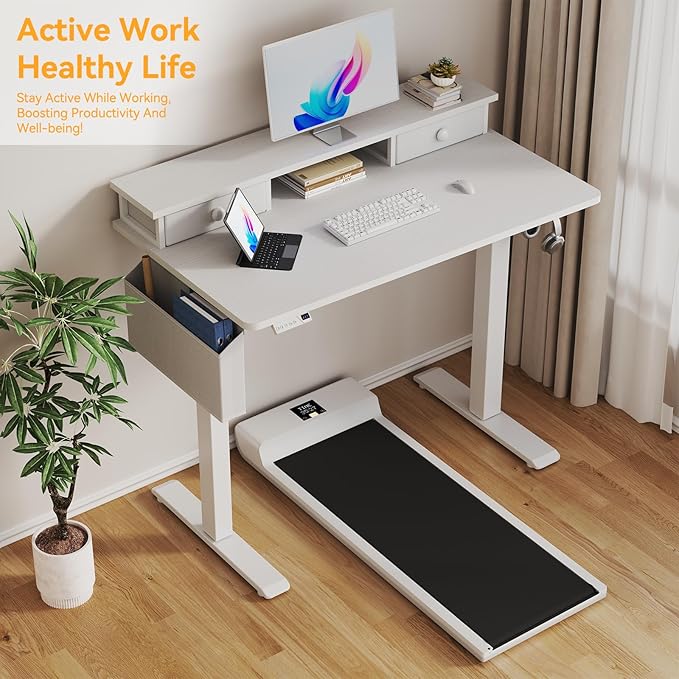 White Electric Standing Desk with Drawers - 40 Inch Small Standing Desk with Shelf Monitor Stand Storage Height Adjustable for Home Office, Study Writing Girls Computer Sit Stand Desks for Bedroom