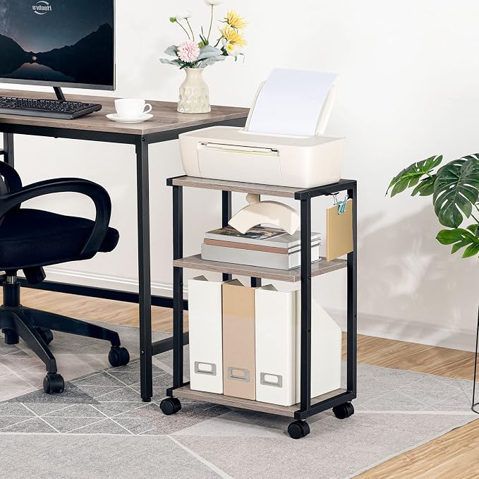 HOOBRO Mobile Printer Stand, 3-Tier Printer Cart Under Desk with Storage, Industrial Adjustable Rolling Cart, Sturdy Little Table on Wheels for Home Office BG28PS01N1