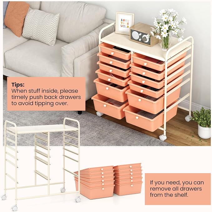 BECOMFORT 12-Drawer Rolling Cart with Drawers, Storage Cart on Wheels, Teacher Classroom Organizers with Metal Frame, Mobile Craft Cart, Trolley Utility Cart for School Office Play Room