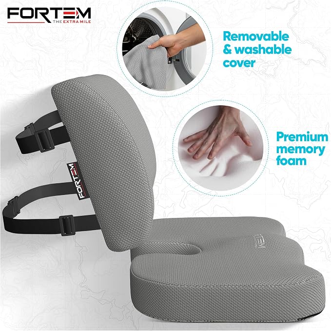 FORTEM Seat Cushion, Office Chair Cushion, Lumbar Support Pillow for Office Chair, Memory Foam Car Seat Cushions, Sciatica Coccyx Tailbone Pain Relief, Cushions for Back Support, Washable, Non Slip