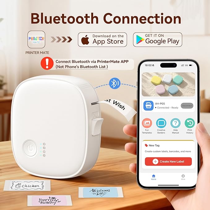 Mini Label Maker Machine with Tape AH-P05, Portable Bluetooth Mini Label Printer, Wireless Thermal Label Maker, Waterproof & Rechargeable, Built-in Cutter, for Home, Office, Kitchen – White