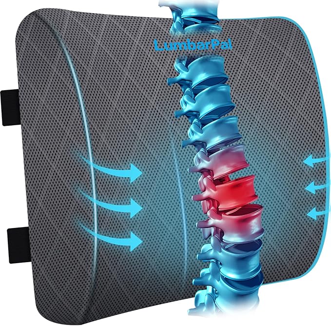 Lumbar Support Pillow for Office Chair, Back Support, Memory Foam, Grey | Improve Sitting Posture & Back Pain Relief. Lumbar Pillow Fits Office, Gaming & Car Chairs with Adjustable Dual Straps