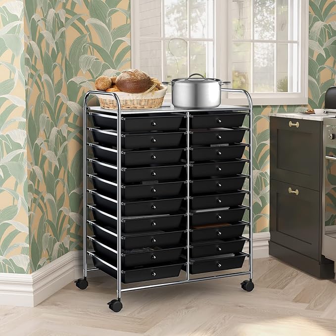 COSTWAY 20-Drawer Rolling Storage Cart, Utility Storage Organizer Cart | For Tools, Scrapbook, Paper, Craft, Multipurpose Storage Trolley on Wheels for Home Office School (Black)