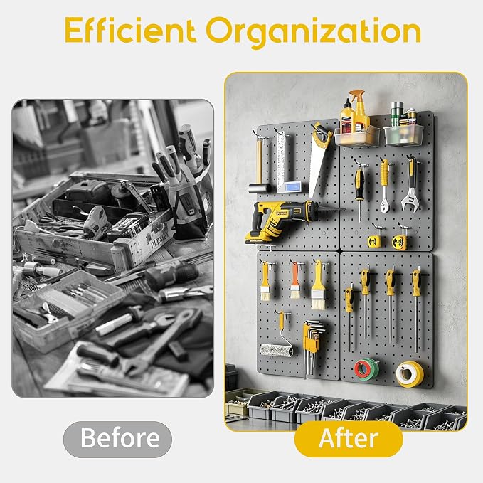 Steel Pegboard Tool Wall Organizer, 4 Pack 14.76 x 10.82 in, 6 Bins, Gray | 6 clear storage bins organize screws and small parts; 36 hooks and 30 peg locks keep garage tools sorted and easy to reach.