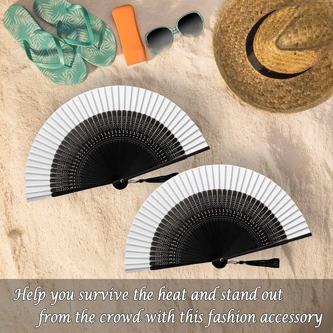 OMyTea Folding Hand Fan for Women - Foldable Chinese Japanese Vintage Bamboo Silk Fan - for Hot Flash, Church, Decoration, EDM, Music Festival, Dance, Party, Performance, Gift (Sexy Black - White)