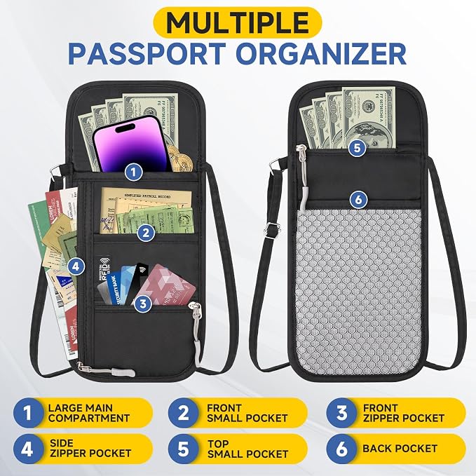 RFID Blocking Passport Holder for Travel Neck Wallet with Adjustable Lanyard 6 Compartments Pouches Passport Wallet for Family (Black)