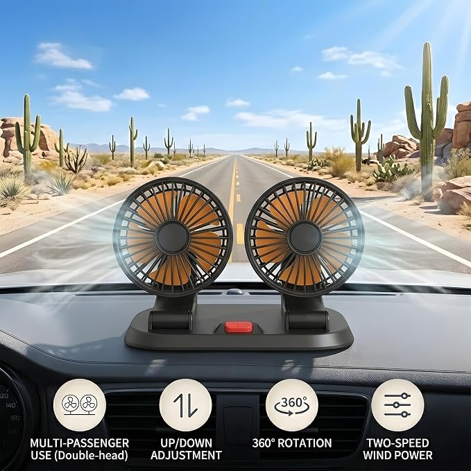 Dual Head 24V Car Fan for SUV Truck RV with No AC,Adjustable Car Cool Fan, Dual Head Design, 2-speed Adjustable, 360° Rotating Portable Car Fan,Powered by Cigarette Lighter