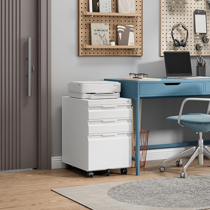3 Drawer Mobile File Cabinet with Lock, Rolling File Cabinet with Wheels | Metal Small Filing Cabinet with Wheels for Home Office Storage, Fits Legal/A4/Letter/Document Size, Required Assembly, Black