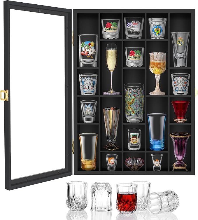 Invech Black Shot Glass Display Case Wall Mounted, Irregular Shot Glass Holder Storage for Home and Bar Decor