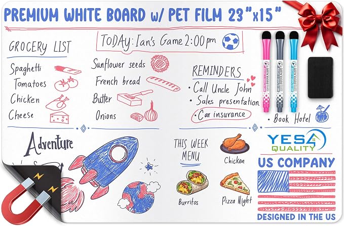 23x15” Magnetic Dry Erase White Board for Fridge w/ 3 Markers & Eraser | Yes4Quality Stain-Resistant Whiteboard Planner Organizer Sheet, Sticks to Most Refrigerators, Colorful Markers, Magnet Eraser