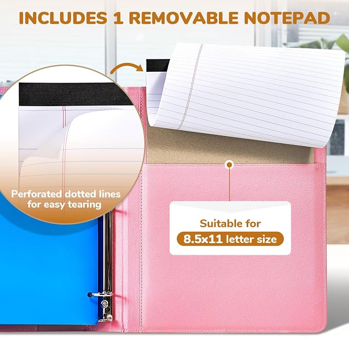 JoyCat 3 Ring Binder Clipboard with Storage, 5 Folders, Pink | 3 ring clipboard portfolio combines five expandable folders, a refillable letter-size notepad and storage
