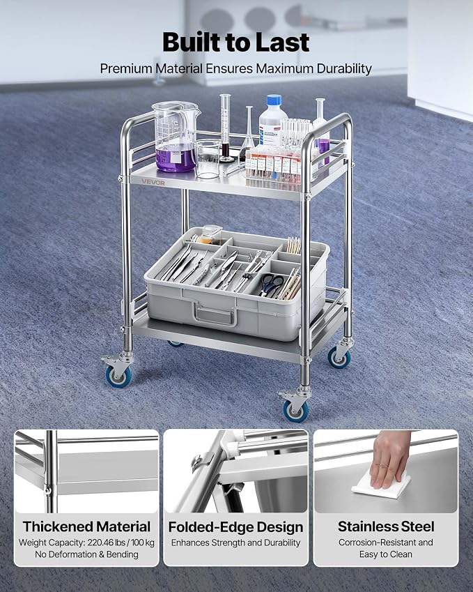 VEVOR Stainless Steel Rolling Cart, 2-Tier Metal Utility Cart with Lockable Wheels, Medical Serving Trolley Clinic Tray, Mobile Service Cart for Hospital, Lab, Restaurant, Kitchen, Salon
