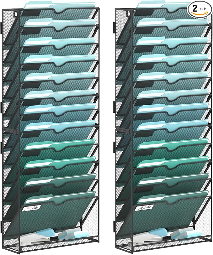 13-Tier Wall File Organizer, Wall Mounted Mail Sorter, 2 Pack | Metal Mesh Hanging File Organizer with Open Compartments and Label Panels for Papers and Folders at Home, Office or School