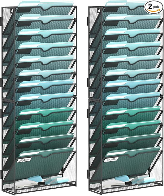 13-Tier Wall File Organizer, Wall Mounted Mail Sorter, 2 Pack | Metal Mesh Hanging File Organizer with Open Compartments and Label Panels for Papers and Folders at Home, Office or School