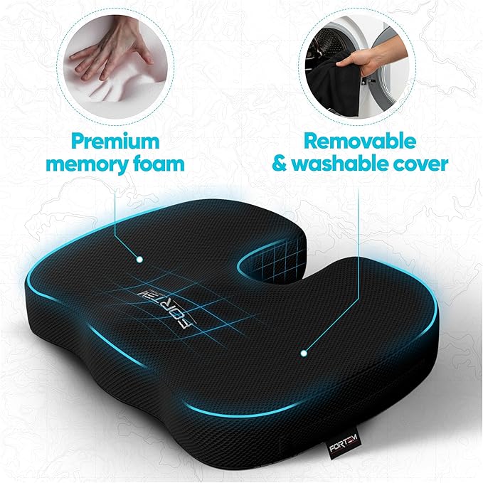 FORTEM Seat Cushion, Office Chair Cushion, Lumbar Support Pillow for Office Chair, Memory Foam Car Seat Cushions, Sciatica Coccyx Tailbone Pain Relief, Cushions for Back Support, Washable, Non Slip